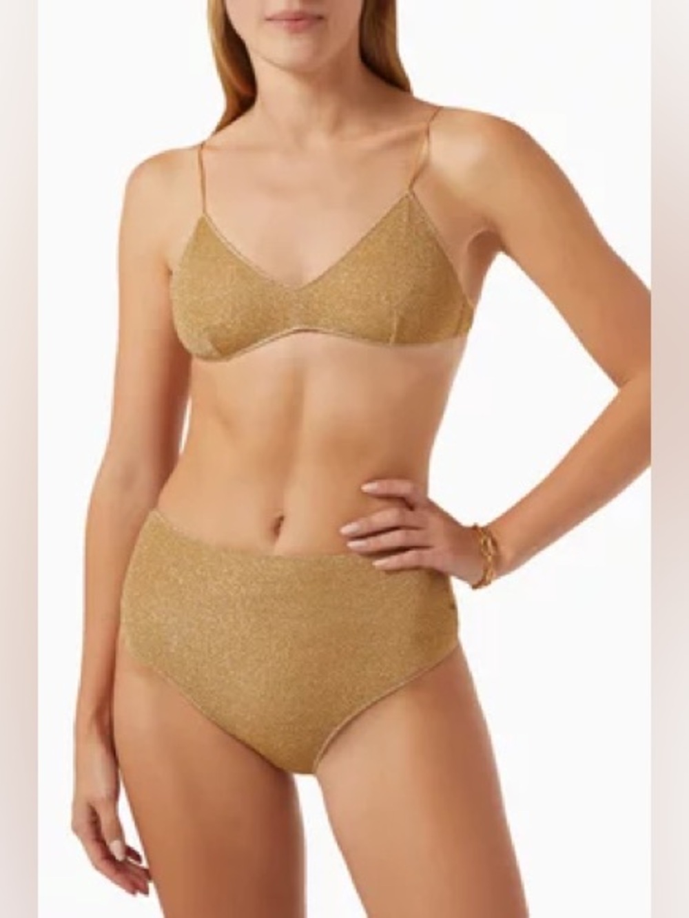 Oseree lumiere Metallic Gold High-Waist Bikini Set bralette soft top